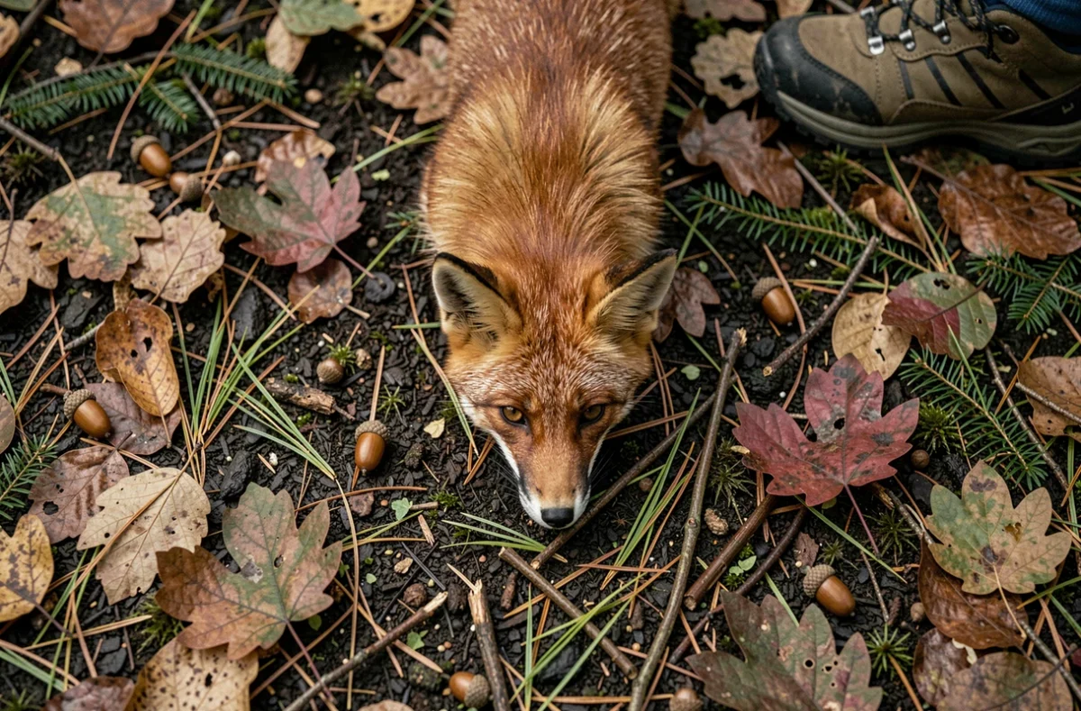Gros plan sur une crotte de renard sur le sol forestier lors d'une randonnée en famille