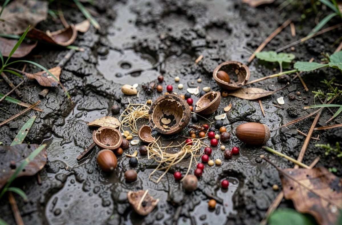 Gros plan sur des crottes de sanglier sur un chemin forestier boueux avec restes de glands, baies et insectes visibles