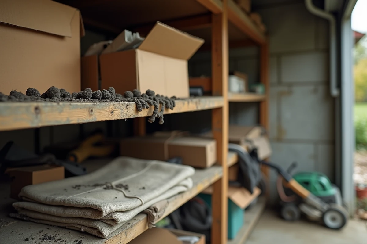Traces et crottes de fouine sur une étagère de garage domestique avec outils et cartons, vue d'ensemble réaliste