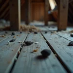 Crottes de fouine sur le plancher en bois d'un grenier poussiéreux, vue rapprochée avec détails de bois vieilli