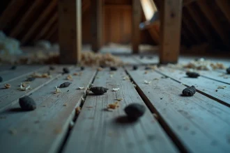 Crottes de fouine sur le plancher en bois d'un grenier poussiéreux, vue rapprochée avec détails de bois vieilli