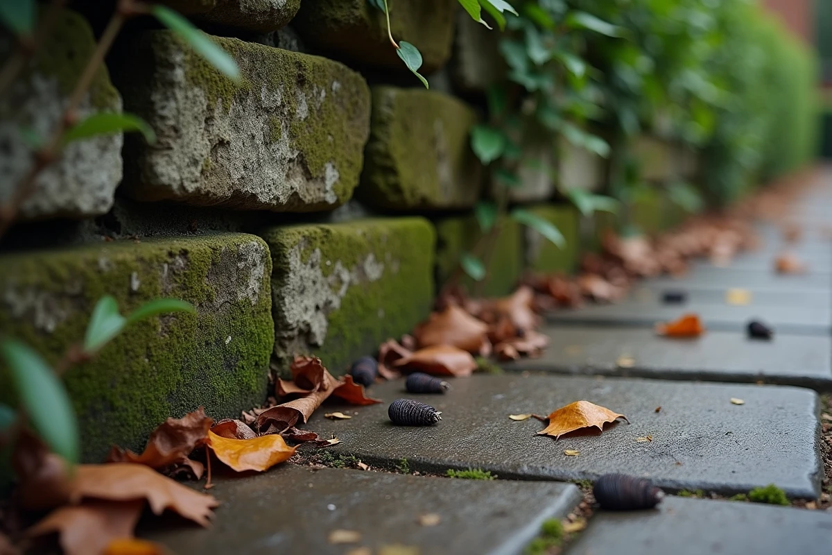 Déjections de fouine sur un muret de jardin en pierre moussu, entouré de feuilles mortes en automne