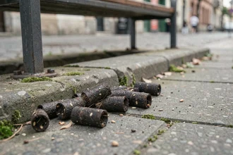 Crottes de sanglier fraîches trouvées sur un trottoir urbain fissuré en milieu de ville