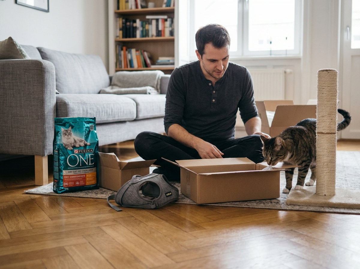 Homme déballant des commandes de produits pour animaux livrées à domicile avec un chat curieux qui explore les cartons ouverts dans un salon moderne