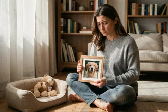 Femme tenant une photo encadrée de son chien décédé, assise près d'un panier vide en signe de deuil animalier