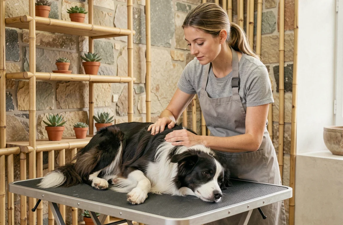 Dog Zen à Bordeaux avec une toiletteuse pratiquant une approche douce sur un Border Collie détendu