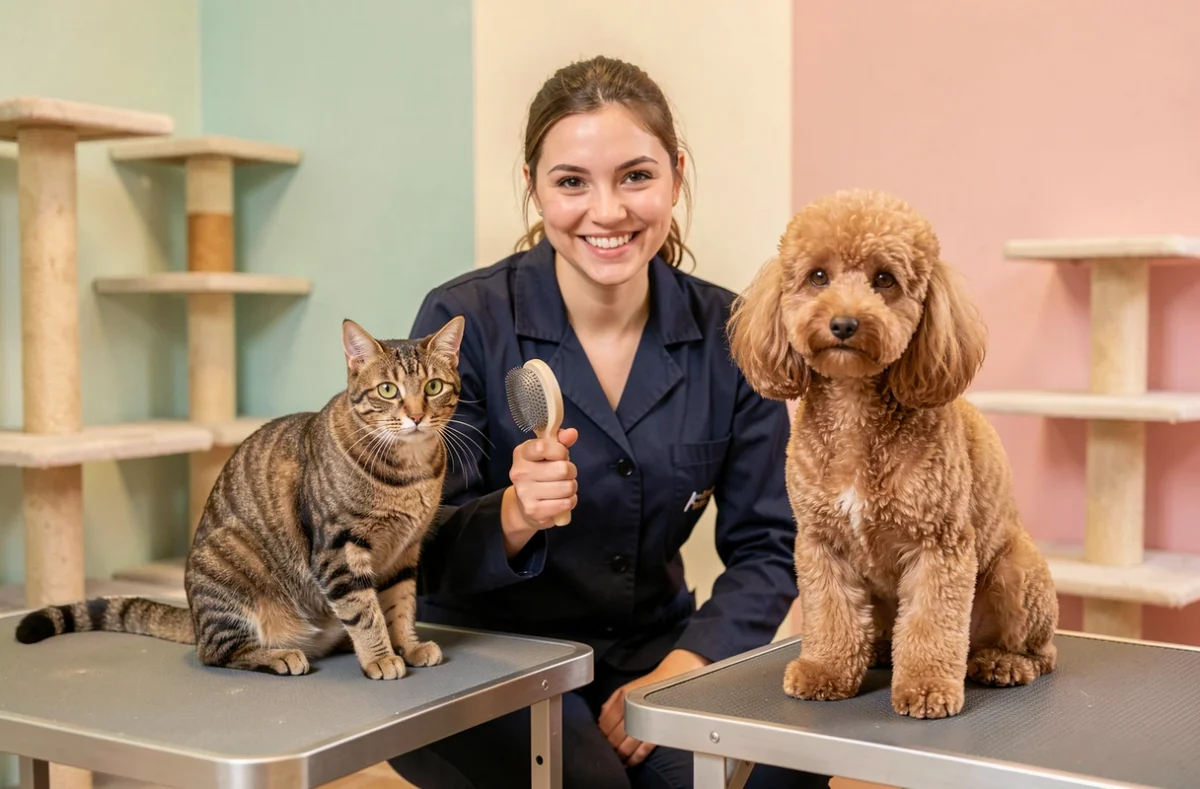 Salon Doggy Coif à Bordeaux avec une toiletteuse s'occupant d'un caniche et d'un chat tigré