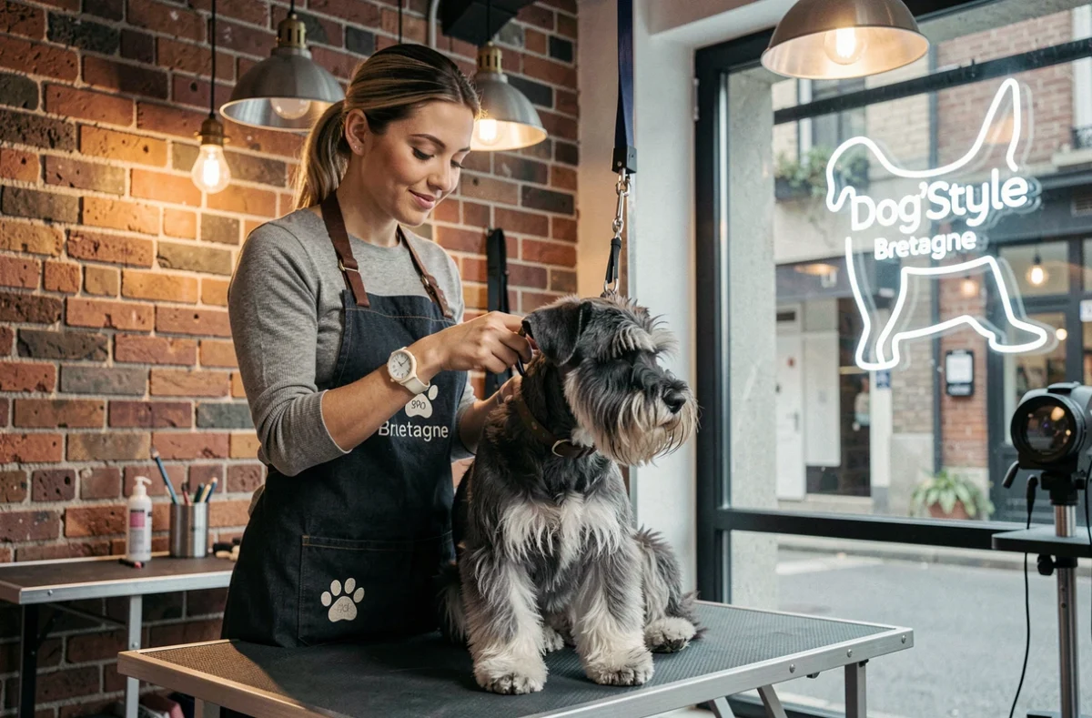 Toiletteuse tendance en tablier denim finissant la coupe d'un schnauzer dans le salon urbain Dog'Style Bretagne
