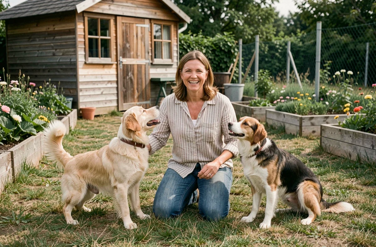 Éleveuse amateur agenouillée dans son jardin avec deux chiens au Domaine de la Noyaraye dans le Rhône