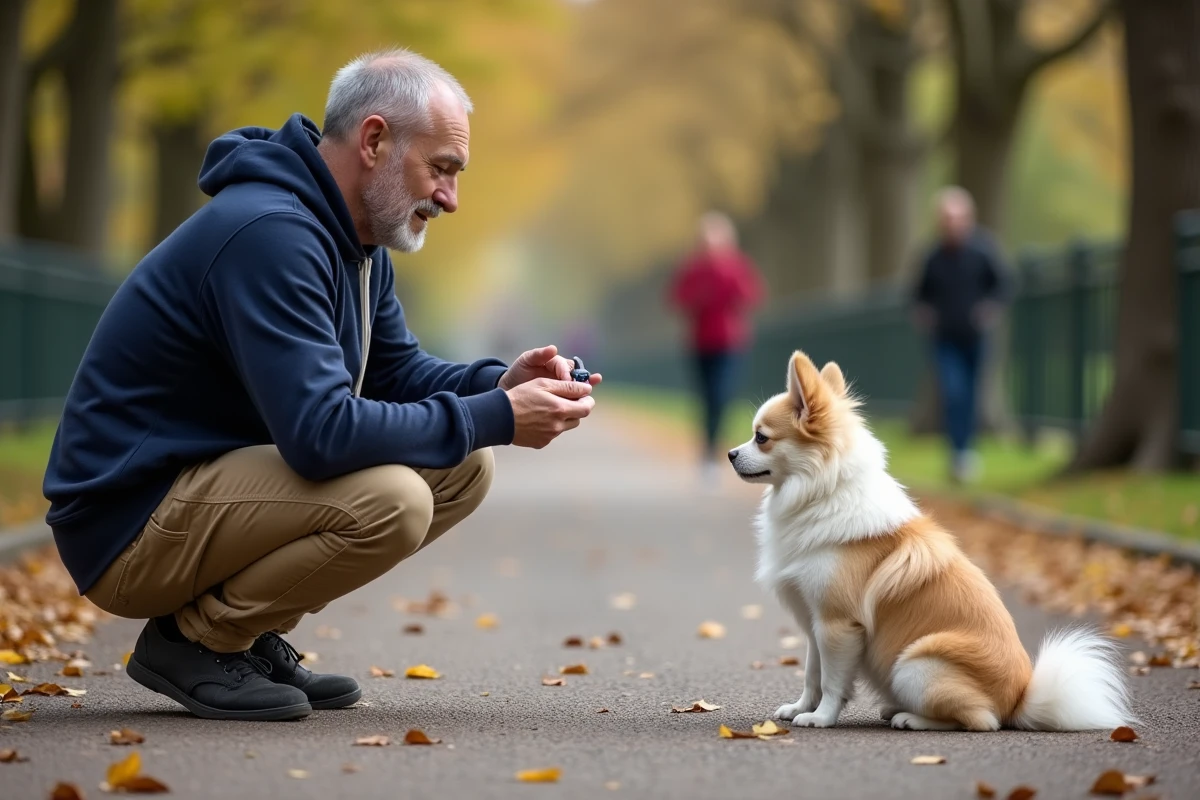 Homme utilisant un clicker pour dresser un Spitz chiwawa dans un parc en automne, chien en position assise sur un chemin de gravier