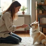 Femme éduquant un Spitz chiwawa avec une friandise dans un salon cosy, chien assis attentivement lors d'un exercice d'obéissance