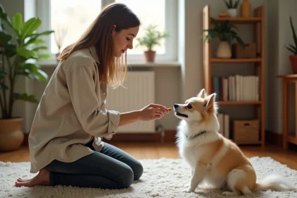 Femme éduquant un Spitz chiwawa avec une friandise dans un salon cosy, chien assis attentivement lors d'un exercice d'obéissance