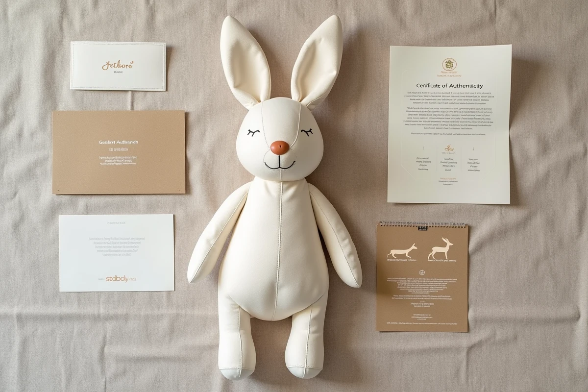 Vue à plat des éléments d'authentification d'un vrai jouet-lapin Petsboro : étiquette, certificat et guide comparatif