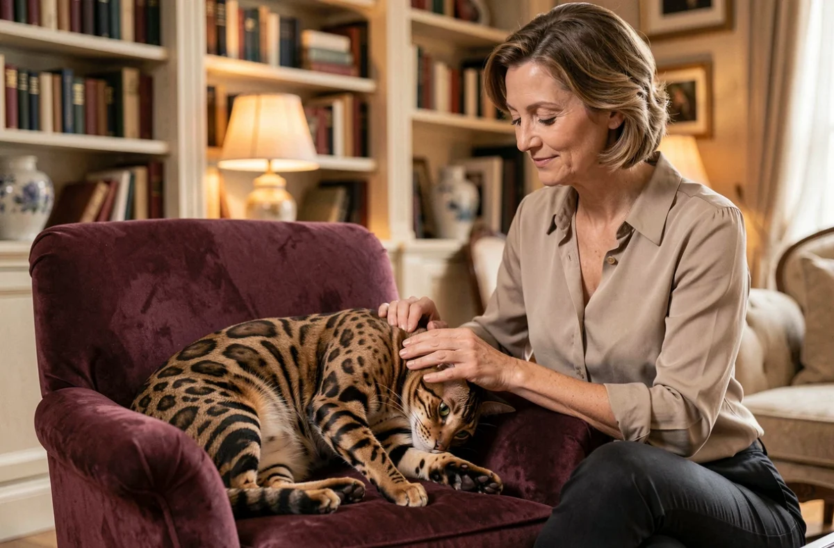 Chat bengal aux rosettes marquées reposant sur un fauteuil en velours chez l'éleveuse Corinne Bourdoncle dans le Rhône