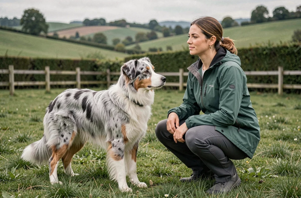 Berger australien bleu merle dans un champ verdoyant du Rhône avec son éleveuse en veste imperméable