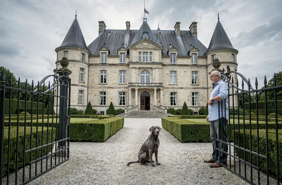 Éleveur canin debout devant le Château Gris avec un chien gris assis à ses pieds en Rhône-Alpes