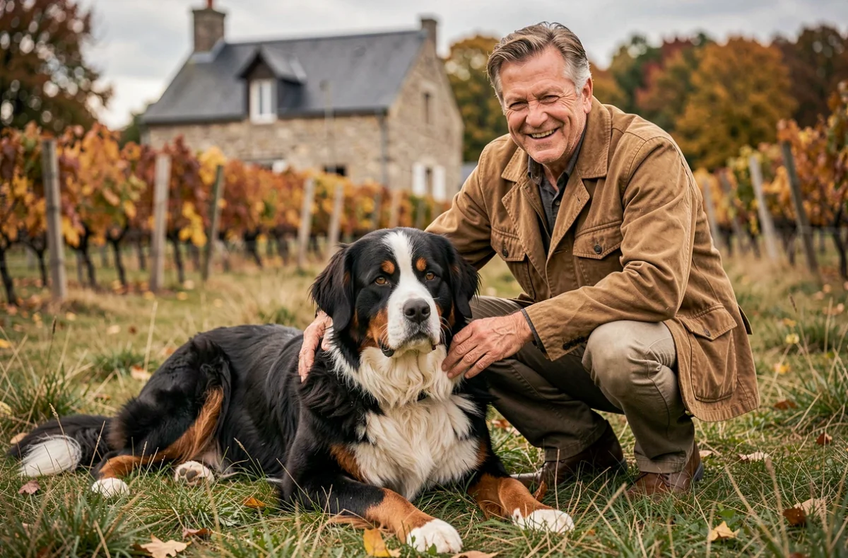 Bouvier bernois tricolore couché dans un pré du Rhône avec son éleveur en veste cirée