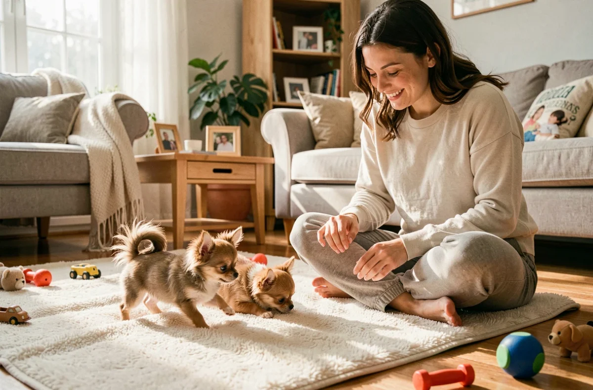 Deux chiots chihuahua à poils longs jouant sur un tapis dans un intérieur familial pour l'élevage des Minis Boss