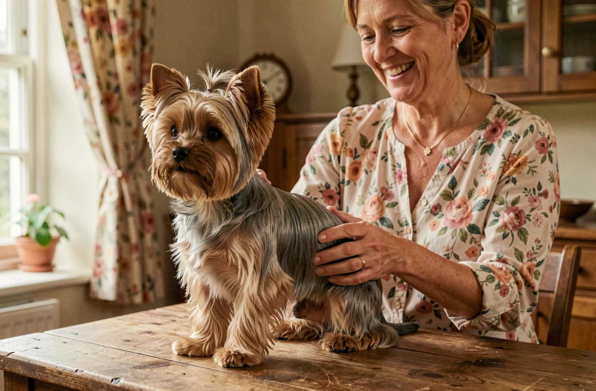 Yorkshire terrier au pelage soyeux posé sur une table en bois dans le cottage de l'élevage of Meadow Cottage