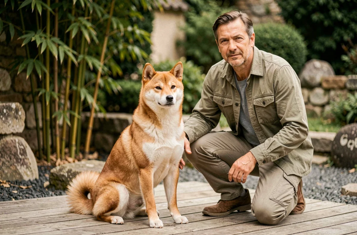 Shiba inu au pelage rouge et crème assis sur une terrasse en bois dans le Rhône avec son éleveur
