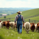 Éleveur de ferme guidant un troupeau dans un pré verdoyant