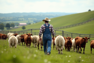 Éleveur de ferme guidant un troupeau dans un pré verdoyant