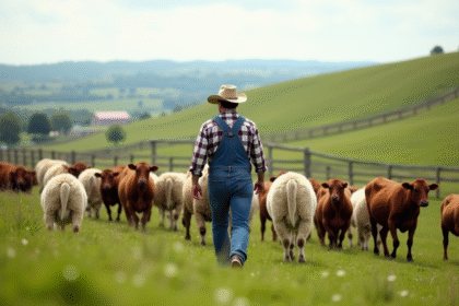 Éleveur de ferme guidant un troupeau dans un pré verdoyant