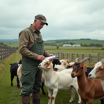 Éleveur homme inspectant une petite troupe de chèvres dans un pré