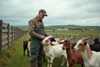 Éleveur homme inspectant une petite troupe de chèvres dans un pré