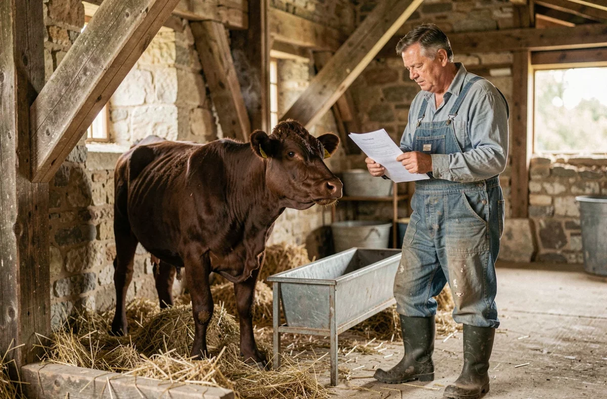 Éleveur examinant des documents réglementaires à côté d'une mini vache Dexter dans une étable rustique en pierre