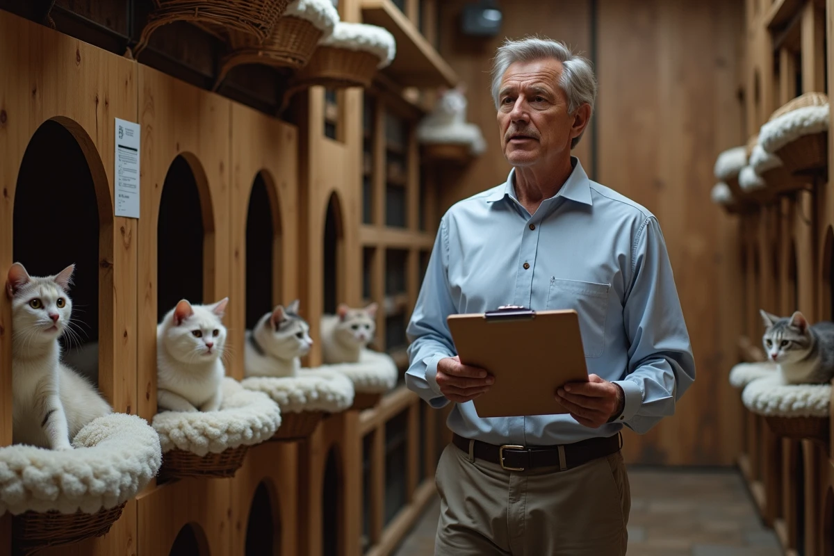 Éleveur observant des chats Sacré de Birmanie dans une chatterie rustique