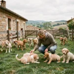 Éleveurs de chiots dans le Rhône : une éleveuse interagit avec plusieurs chiots dans une ferme avec murs en pierre