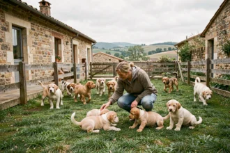 Éleveurs de chiots dans le Rhône : une éleveuse interagit avec plusieurs chiots dans une ferme avec murs en pierre