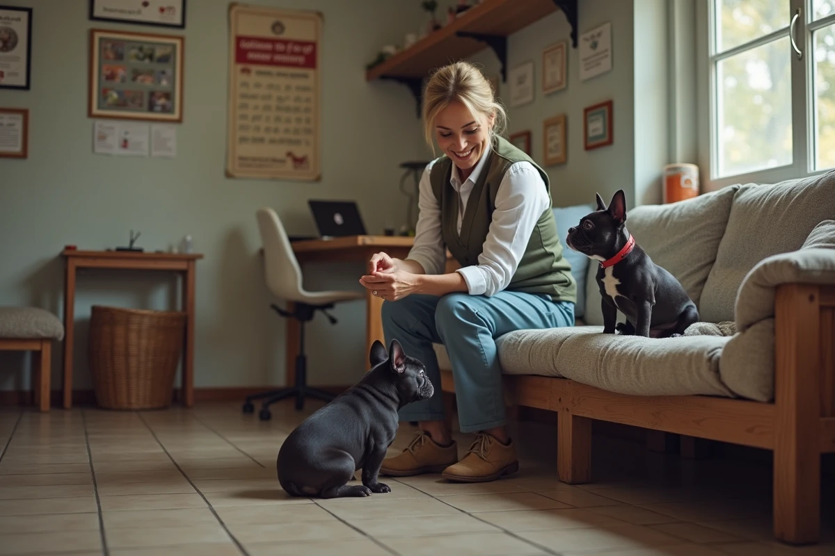 Eleveuse française avec chiots bulldog en intérieur