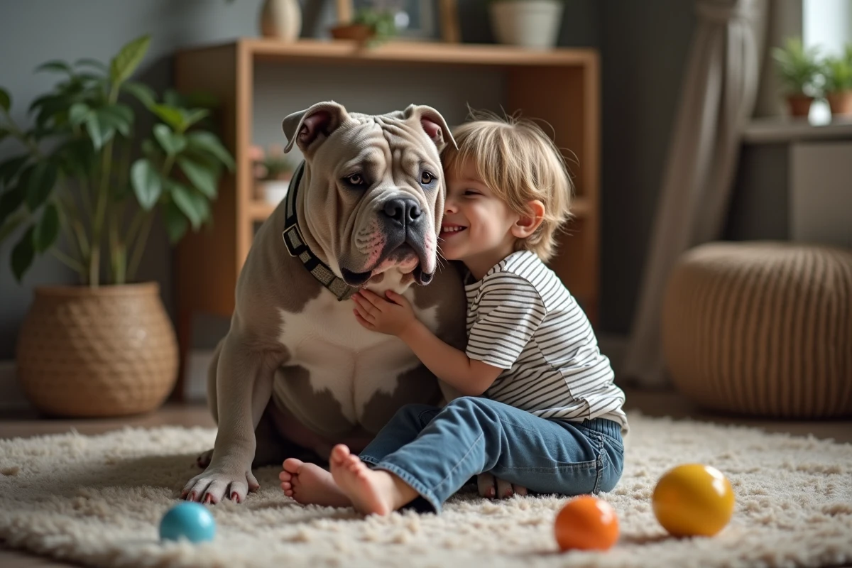 Enfant jouant avec un American Bully à la maison