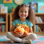 Fille d école primaire avec peluche Doris dans une classe