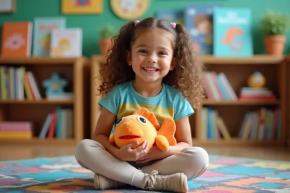 Fille d école primaire avec peluche Doris dans une classe