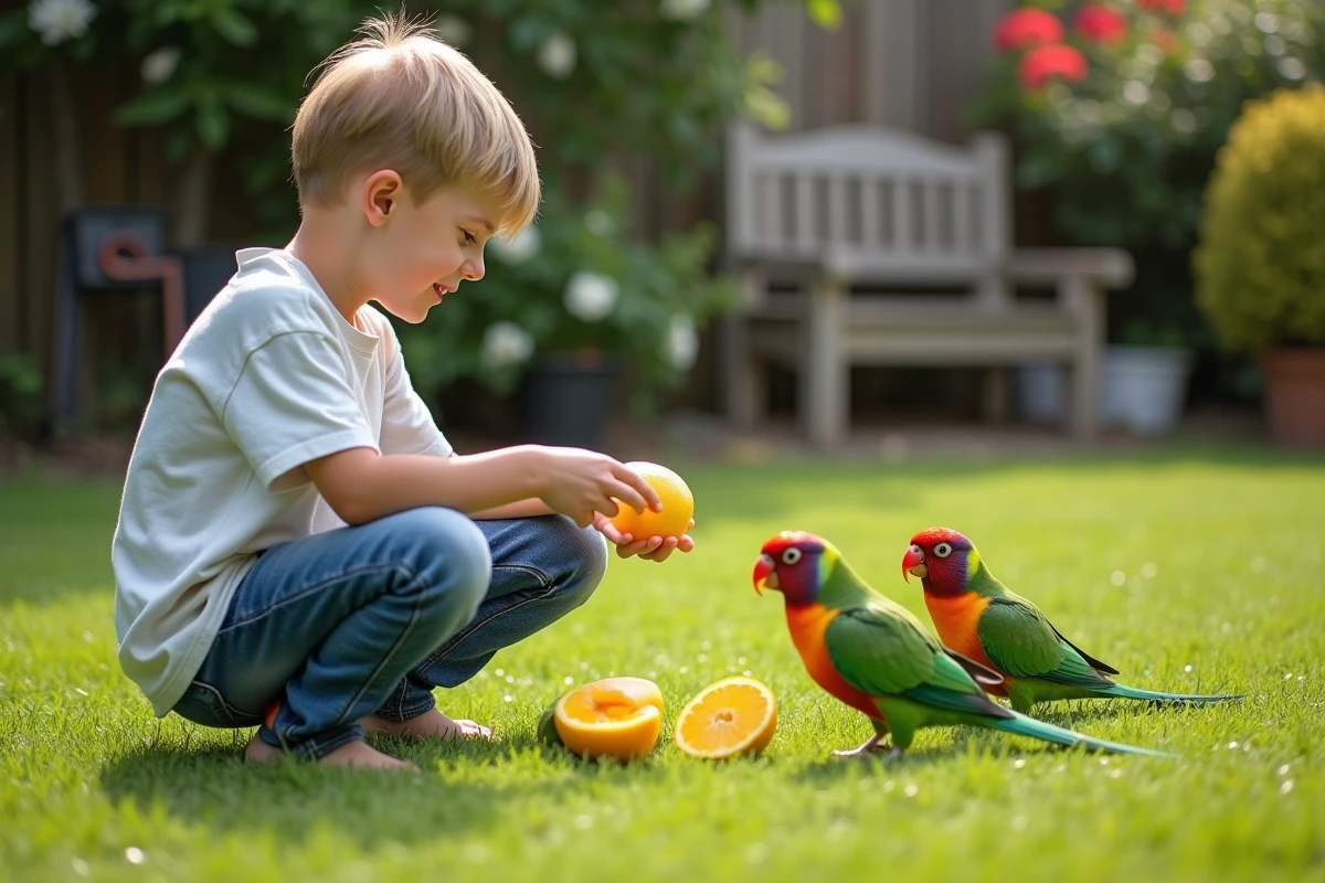 Jeune garçon offrant des fruits à des perruches dans le jardin