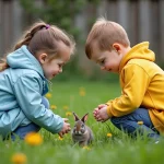 Deux enfants regardent un lapereau dans le jardin