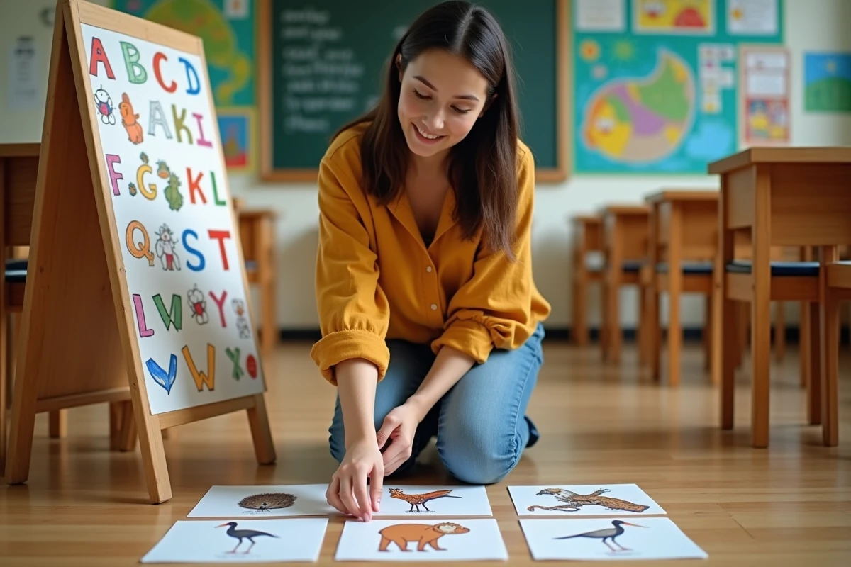 Enseignante présentant des cartes illustrées d'animaux pour un abécédaire complet dans une salle de classe colorée