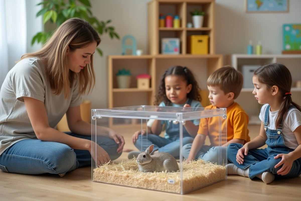 Une enseignante observe un lapereau avec des enfants en classe