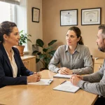 Assistante sociale évaluant un couple candidat à l'adoption dans un bureau professionnel chaleureux