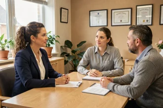 Assistante sociale évaluant un couple candidat à l'adoption dans un bureau professionnel chaleureux