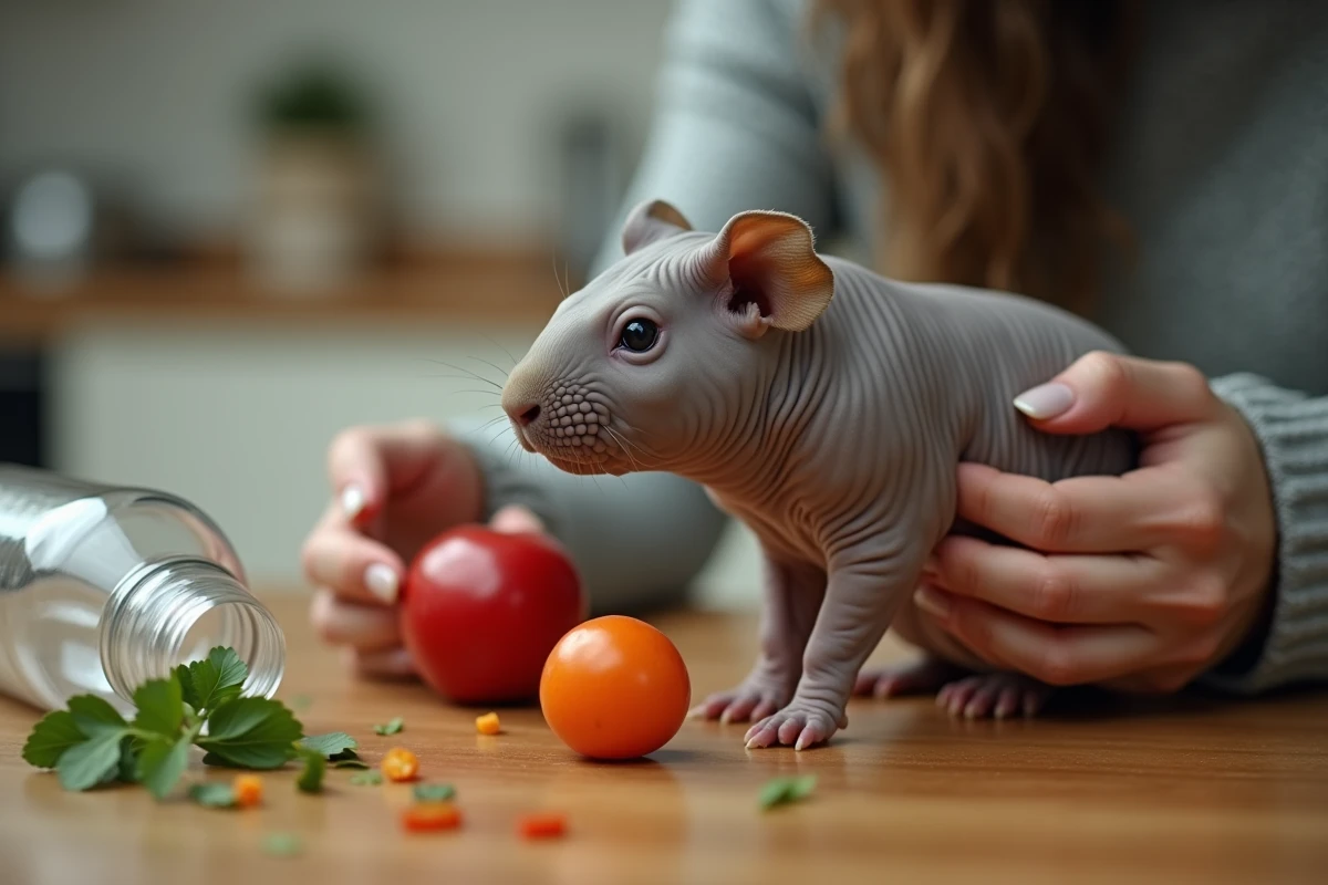 Femme examinant un cochon d'Inde Skinny avec légumes éparpillés sur une table en bois