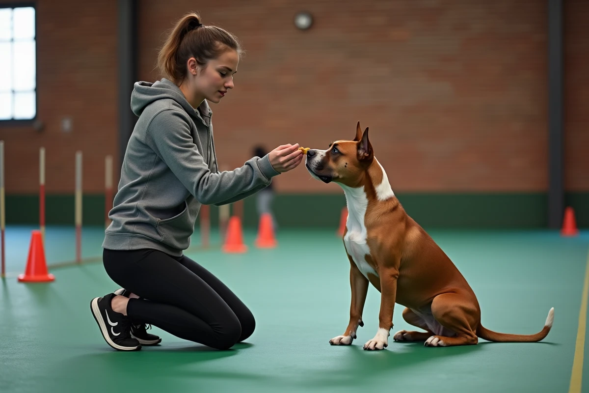 Jeune femme récompensant son American Bully Exotic après un exercice d'agilité dans un centre d'entraînement intérieur