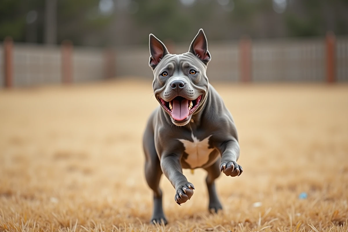 Exotic Bully bleu-gris sautant pour attraper un jouet en caoutchouc lors d'une activité sportive en plein air