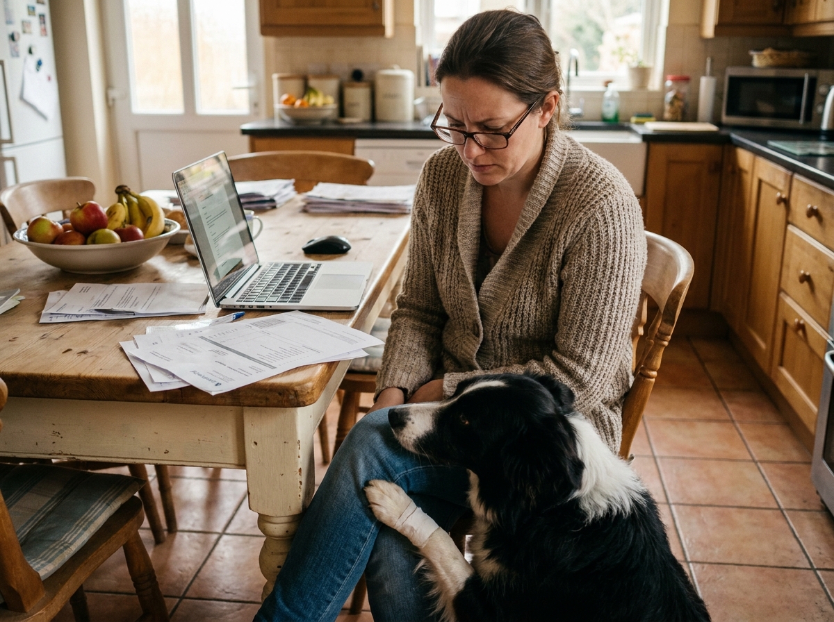 Femme consultant des factures vétérinaires avec son chien blessé allongé à ses côtés dans la cuisine