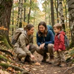 Mère expliquant à ses enfants comment réagir face aux crottes de renard lors d'une promenade en forêt