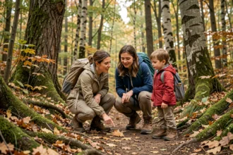 Mère expliquant à ses enfants comment réagir face aux crottes de renard lors d'une promenade en forêt