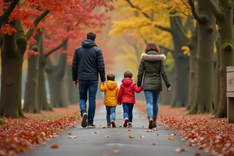 Famille en promenade sur un sentier boisé près d'un parc animalier à Strasbourg en automne